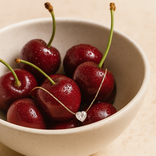 Heart Drop Necklace styled with cherries – Luzé 18k gold jewelry