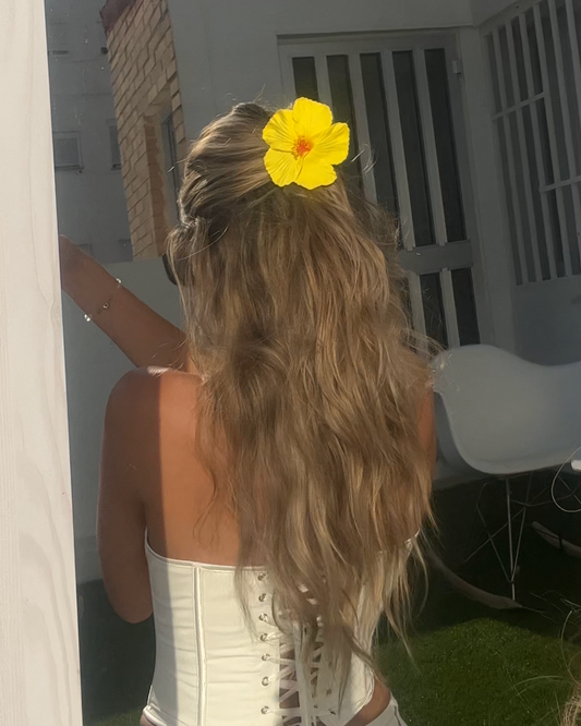yellow flower hair clip, summer hair accessory, beach hair clip, floral hair clip, golden hour hair, lightweight clip, Luzé accessories, Mediterranean hair piece
